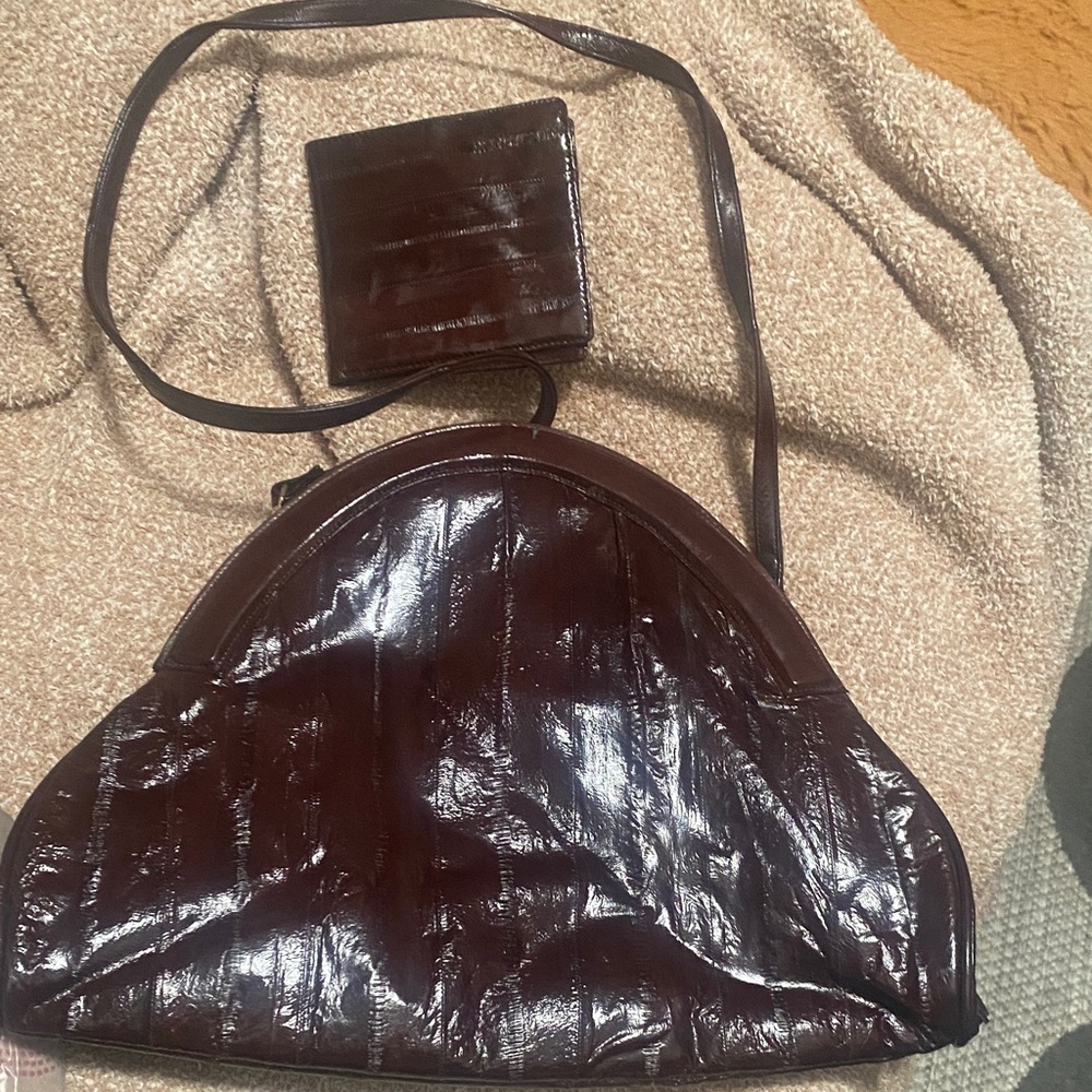 Glossy Crescent Shoulder Bag with Matching Wallet in Deep Wine